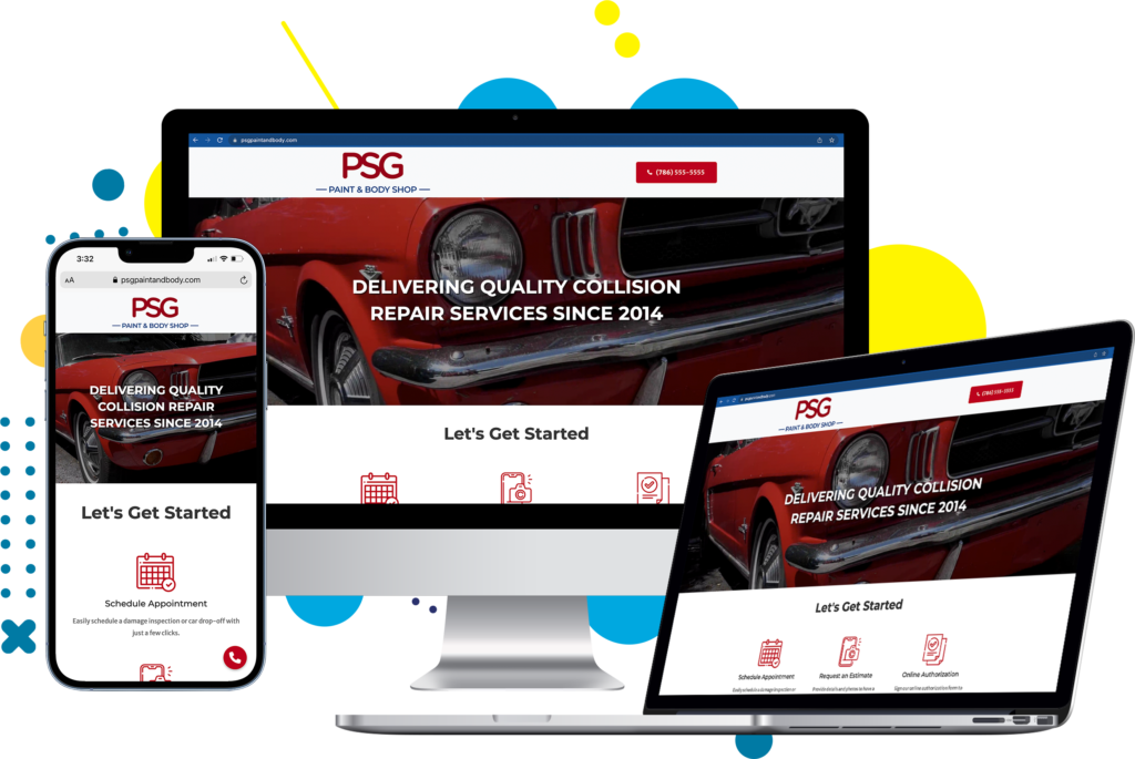 Responsive auto body shop website shown on desktop, tablet and phone