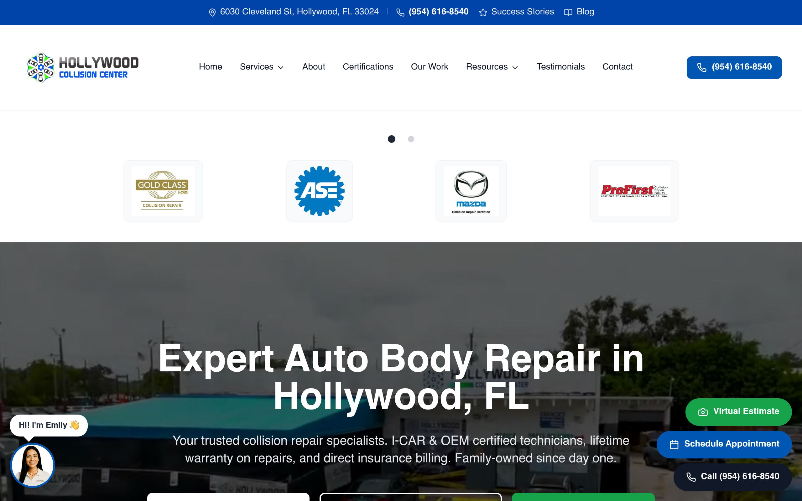 Hollywood Collision Center homepage built by Start2Finish