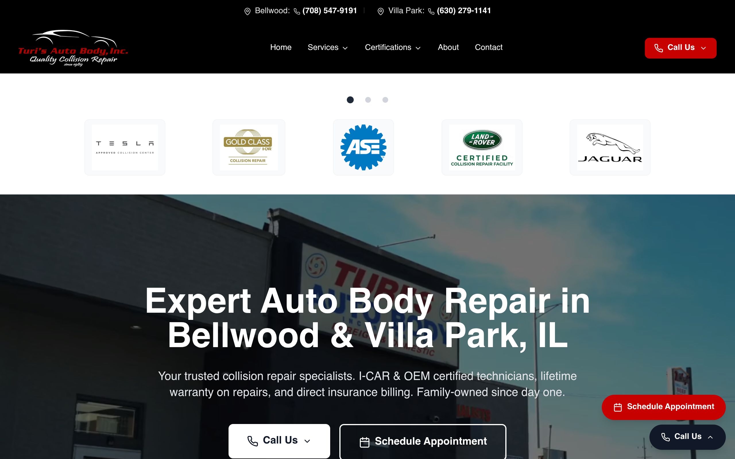 Turi's Auto Body homepage built by Start2Finish